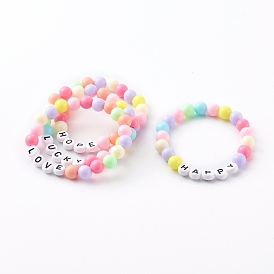 4Pcs 4 Styles Round Opaque Acrylic Stretch Beaded Bracelets for Kids, Word Love/Lucky/Hope/Happy