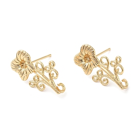 Brass Stud Earring Findings, with Vertical Loops, Flower
