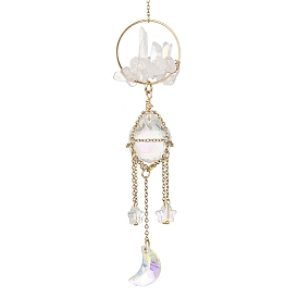 Chaînes de câbles en acier inoxydable, pochette, décorations pendantes en forme de larme, attrape-soleil suspendus, avec breloque lune/étoile en verre et cristal de quartz naturel