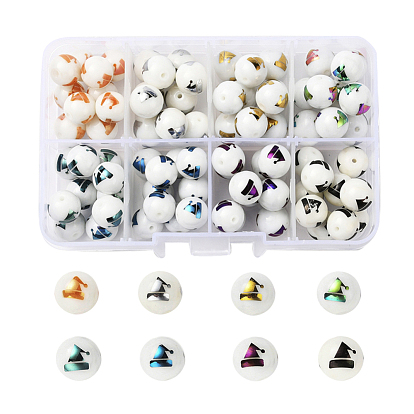 80Pcs 8 Colors Christmas Opaque Glass Beads, Round with Electroplate Christmas Hat Pattern