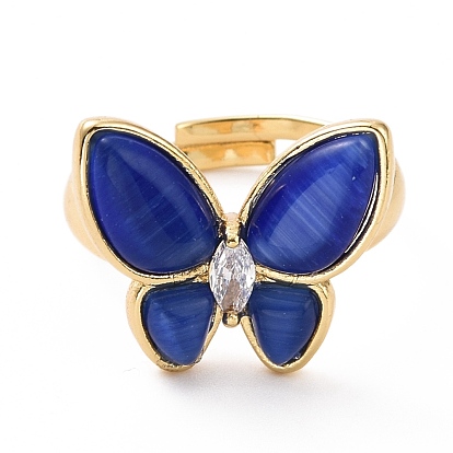 Cat Eye Butterfly Adjustable Ring with Clear Cubic Zirconia, Real 18K Gold Plated Brass Jewelry for Women, Cadmium Free & Lead Free