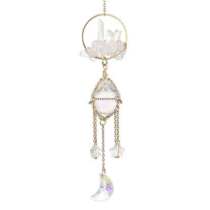 Stainless Steel Cable Chains Pouch Teardrop Pendant Decorations, Hanging Suncatchers, with Glass Moon/Star Charm and Natural Quartz Crystal