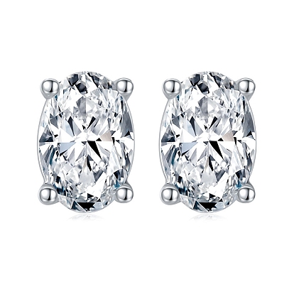 925 Sterling Silver Micro Pave Cubic Zirconia Ear Studs for Women, Oval
