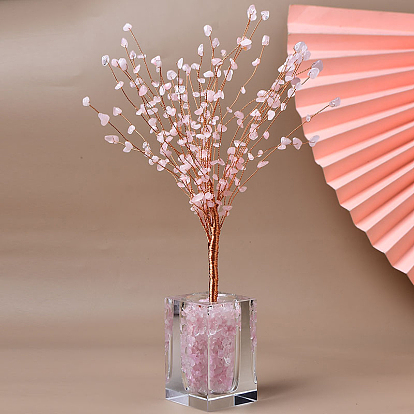 Natural Gemstone Chips Tree of Life Decorations, Mini Resin Cuboid Shape Vase with Copper Wire Feng Shui Energy Stone Gift for Women Men Meditation