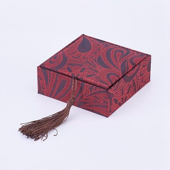 Wooden Bracelet Boxes, with Linen and Nylon Cord Tassel, Square