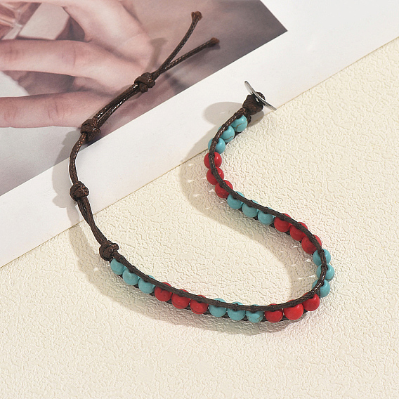 Браслеты из синтетической бирюзы с круглыми бусинами, браслеты из вощеного шнура для женщин и мужчин