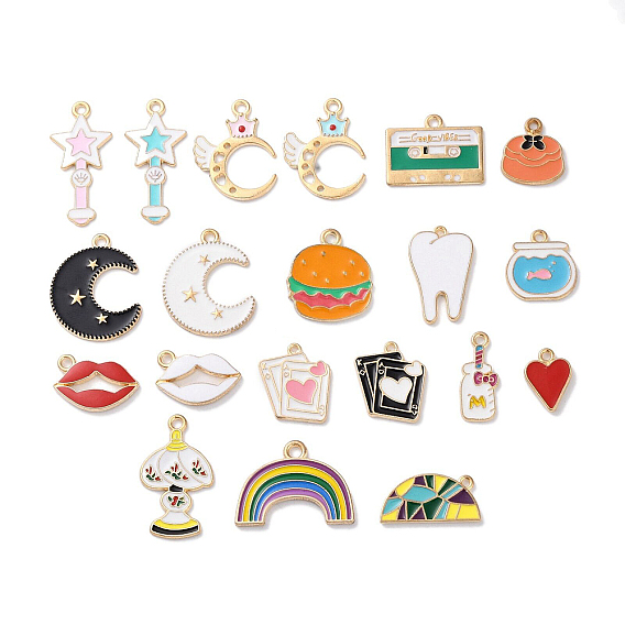 Подвески из эмали и сплава, золотые, губы/игральные карты/луна/зубы сердце/волшебная палочка/брелок-гамбергер
