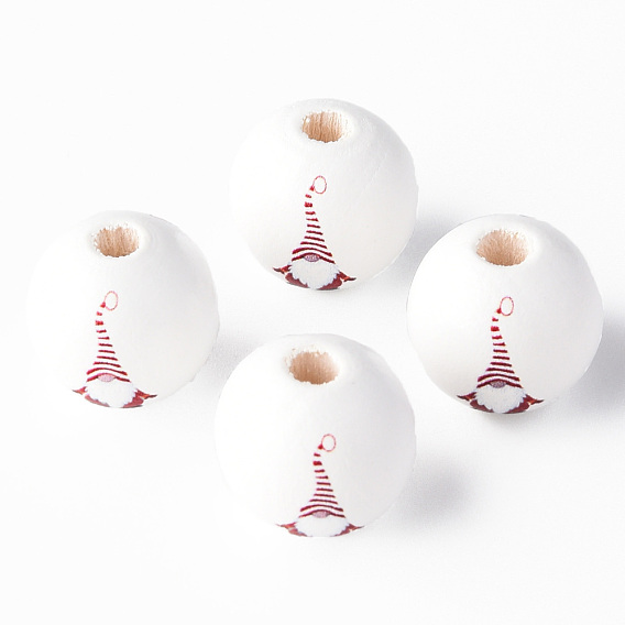 Painted Natural Wood Beads, Round with Father Christmas Pattern