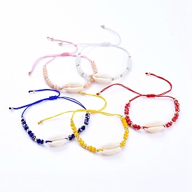 Bracelets de perles de nylon tressés réglables, avec des perles de coquillage cauris naturelles, perles de verre à facettes et perles de laiton