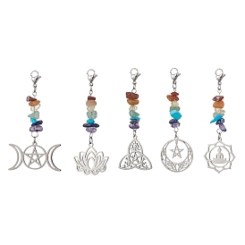 Chakra Natural Gemstone Chips Pendant Decorations, Stainless Steel Pendants and 304 Stainless Steel Clasp Charm, Mixed Shapes