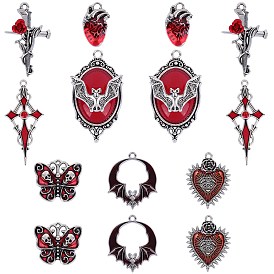 DIY Jewelry Making Finding Kit, Including 14Pcs 7 Style Alloy Enamel Pendant & Cabochon Settings for Rhinestone, Cross & Heart & Skull & Bat Heart