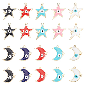 40Pcs 10 Style Rack Plating Alloy Enamel Pendants, Light Gold, Moon & Star