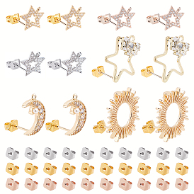 Nbeads 14Pcs 6 Style Brass Micro Pave Clear Cubic Zirconia Stud Earring Findings, with Loop, with 60Pcs Iron & Brass & 304 Stainless Steel Ear Nuts, Star & Moon & Sun