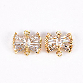 Brass Micro Pave Clear Cubic Zirconia Link Connectors, Nickel Free, Bowknot