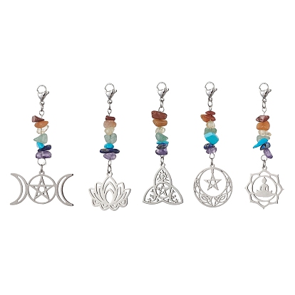 Chakra Natural Gemstone Chips Pendant Decorations, Stainless Steel Pendants and 304 Stainless Steel Clasp Charm, Mixed Shapes