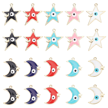 40Pcs 10 Style Rack Plating Alloy Enamel Pendants, Light Gold, Moon & Star