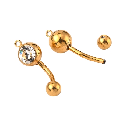 304 Stainless Steel Navel Rings, Belly Button Rings, Curved Barbell with Loop & Rhinestone, Piercing Jewelry, Golden