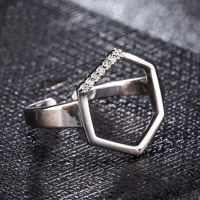 Adjustable Stainless Steel Finger Rings, Cuff Rings, Open Rings, with Cubic Zirconia, Hexagon
