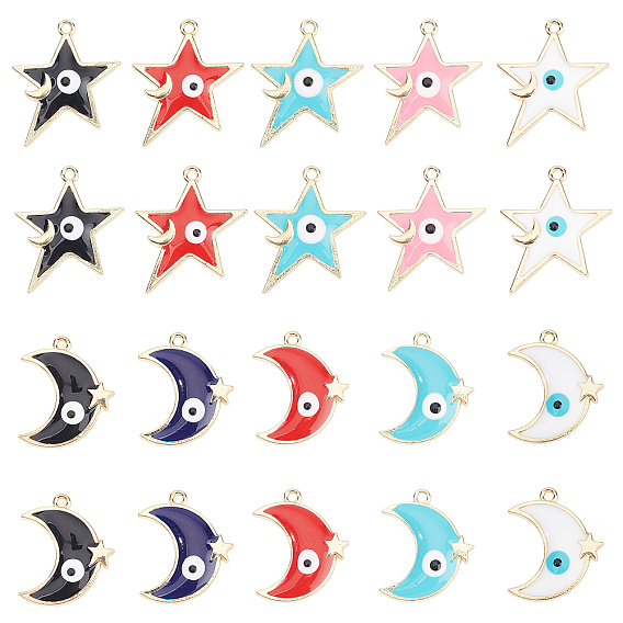 40Pcs 10 Style Rack Plating Alloy Enamel Pendants, Light Gold, Moon & Star