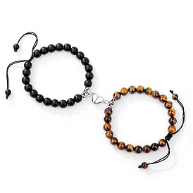 Natural Tiger Eye Matte Stone Couple Bracelet Heart-shaped Magnetic Clasp Attraction Bracelet for Men and Women