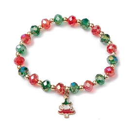 Christmas Theme Glass Beaded Stretch Bracelets, Alloy Enamel Christmas Tree Charm Bracelets for Women & Girl