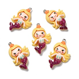 Opaque Resin Pendants, with Glitter Powder and Platinum Tone Iron Loops, Mermaid