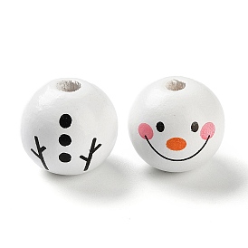 Printed Wood European Beads, Round with Snowman