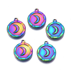 Ion Plating(IP) 304 Stainless Steel Pendants, Cadmium Free & Nickel Free & Lead Free, Flat Round with Moon