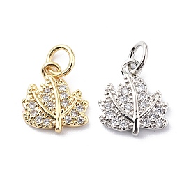 Brass Micro Pave Cubic Zirconia Charms, with Jump Rings, Maple Leaf Charms