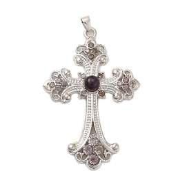 Natural Amethyst Big Pendants, Alloy Crystal Rhinestone Cross Charms