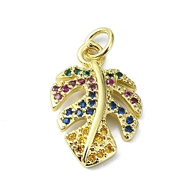 Brass Micro Pave Colorful Cubic Zirconia Pendants, with Jump Ring, Leaf Charm