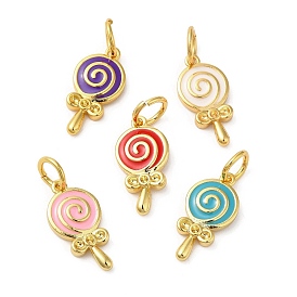 Rack Plating Brass Pendants, with Enamel and Jump Ring, Long-Lasting Plated, Golden, Lollipop Charm