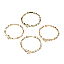 Brass Curb Chain Bracelets, with Enamel and 304 Stainless Steel Toggle Clasps, Real 18K Gold Plated