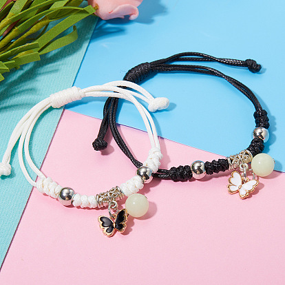 2Pcs 2 Color Alloy Charm Bracelets Set, Luminous Glow in the Dark Beads Adjustable Couple Bracelets