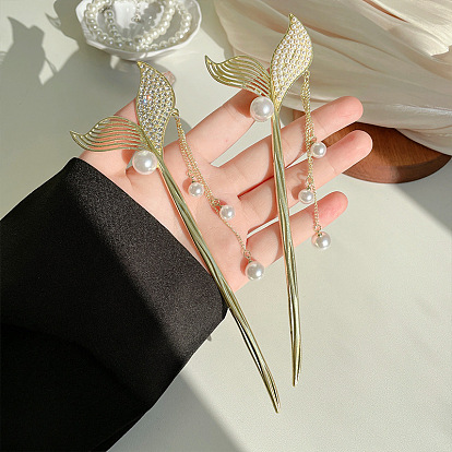 Mermaid Tail Tassel Hairpin with Pearl and Rhinestone for Hanfu Hairstyle