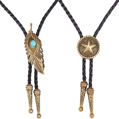 2Pcs 2 Style Flat Round with Star & Feather with Evil Eye Laria Necklaces for Men Women, Imitation Leather Cord Adjustable Necklaces Set, Black