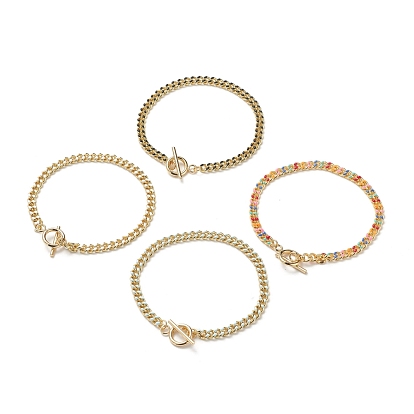 Brass Curb Chain Bracelets, with Enamel and 304 Stainless Steel Toggle Clasps, Real 18K Gold Plated