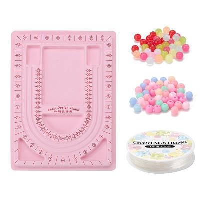 Plastic Bead Design Boards for Necklace Design, Flocking, Rectangle, with Imitation Jelly Acrylic Round Beads, Elastic Crystal Thread, for DIY Jewelry Crafts Making