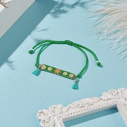 Handmade Japanese Seed Rectangle with Flower Link Braided Bead Bracelet, Tassel Charm Bracelet for Women