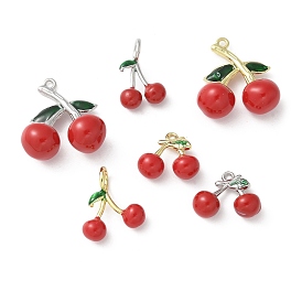 Brass Enamel Pendants, Rack Plating, Long-Lasting Plated, Cherry Charm