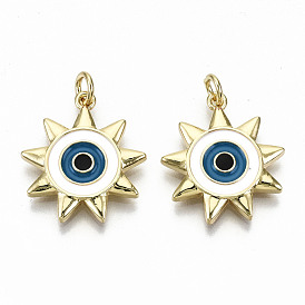 Brass Pendants, with Jump Rings and Colorful Enamel, Nickel Free, Sun with Evil Eye