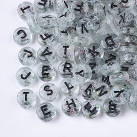 Transparent Acrylic Beads, with Glitter Powder, Mixed Letters, Flat Round, Clear