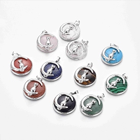 Gemstone Kitten Pendants, with Platinum Tone Brass Findings, Flat Round with Cat & Crescent Moon Shape