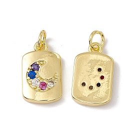 Brass Micro Pave Cubic Zirconia Pendants, with Jump Ring, Rectangle with Moon Charm