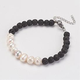 Natural Lava Rock Beads Bracelets, with Freshwater Pearl Beads and Brass Lobster Claw Clasps