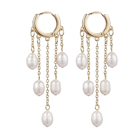 Natural Freshwater Pearl Tassel Hoop Earrings, Brass Earrings for Women