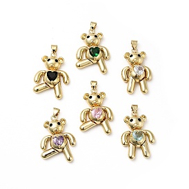 Rack Plating Brass Micro Pave Cubic Zirconia Pendants, Cadmium Free & Lead Free, Real 18K Gold Plated, Bear with Heart Charms