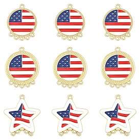 10Pcs 2 Styles Independence Day Alloy Enamel Chandelier Component Links, Blue White and Red, Star and Flat Round