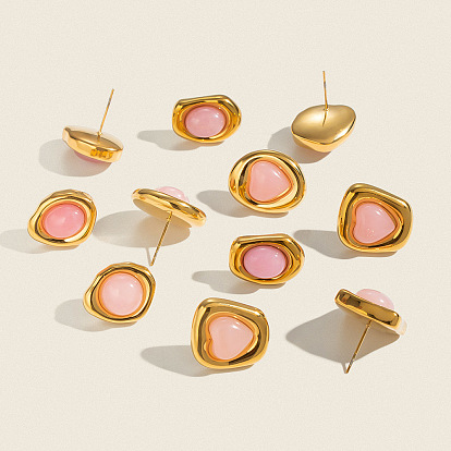 304 Stainless Steel Natural Rose Quartz Stud Earrings for Women, Golden