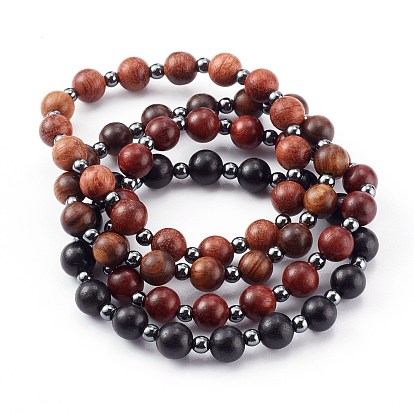 Ensembles de bracelets extensibles en bois naturel, avec des non-magnétiques perles synthétiques d'hématite, ronde
